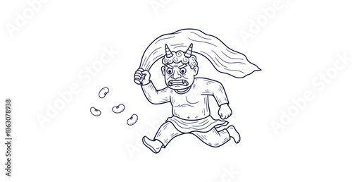 Scared Japanese Oni Demon Running Away from Roasted Beans Setsubun Festival Outline Vector
