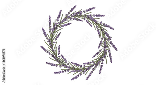 Beautiful circular wreath composed of delicate purple lavender flowers and green stems on a clean white background.