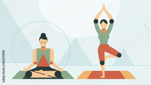 Two women practicing yoga poses meditation and tree pose flat vector illustration for wellness and fitness concepts isolated on abstract background