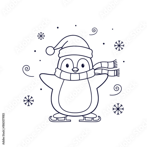 Adorable Cartoon Outline Penguin Skating Doodle Wearing Santa Hat Scarf Winter Holiday Vector