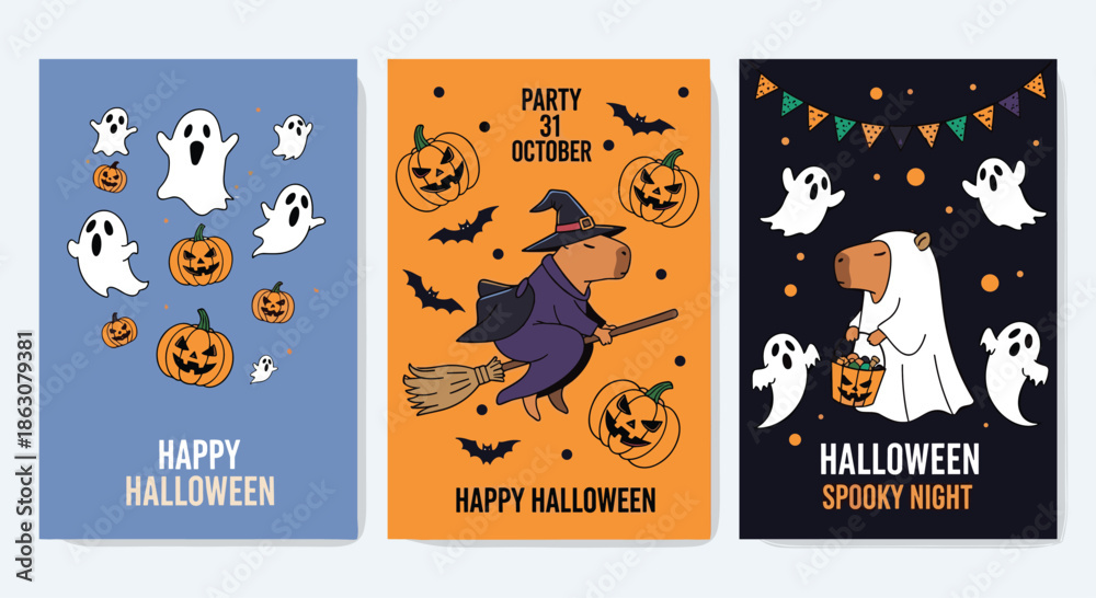 Fototapeta premium Set of three festive Halloween posters featuring ghosts, jack o lanterns, a capybara witch, and a capybara ghost on colorful backgrounds.