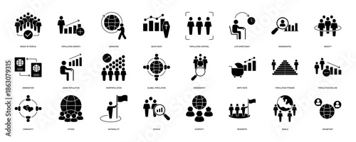 Population icon set. Containing demographic, citizen, group of people, birth rate, residents, census, diversity, community and more. Solid vector icons collection. EPS 10