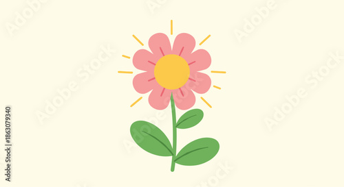 Simple and bright pink flower with a yellow center and green leaves radiating light on a soft cream background.