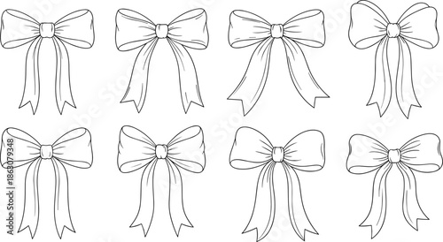 Bow illustration set, decorative ribbon sketch, fashion accessory drawing, craft design elements, black and white bow styles, vector template, hand-drawn detail