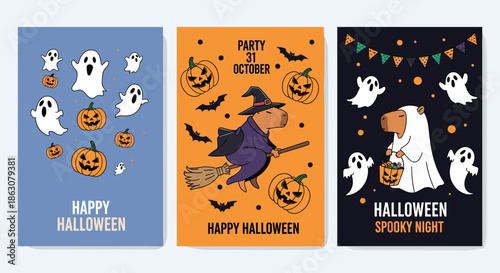 Set of three festive Halloween posters featuring ghosts, jack o lanterns, a capybara witch, and a capybara ghost on colorful backgrounds.