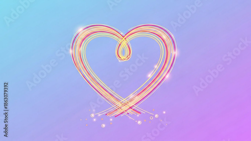 Abstract heart shape with colorful swirling lines and sparkling lights symbolizing love and romance on a gradient background perfect for Valentines Day or wedding designs