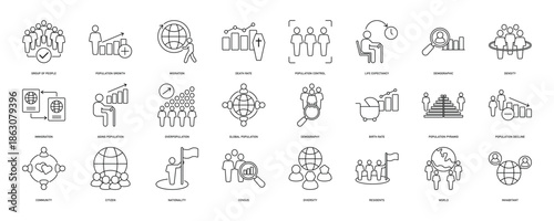 Population icon set. Containing demographic, citizen, group of people, birth rate, residents, census, diversity, community and more. Solid vector icons collection. EPS 10