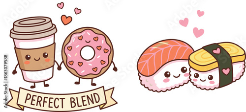 Kawaii Food Pairings: Coffee & Donut and Sushi Couple Illustration - Cute Perfect Blend Cartoon Art