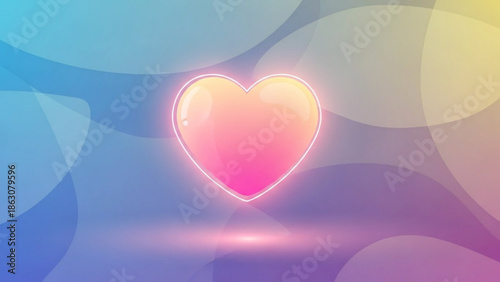 Glossy pink heart icon with neon glow symbolizing love and romance set against a soft gradient background with abstract shapes for Valentines Day or health concepts