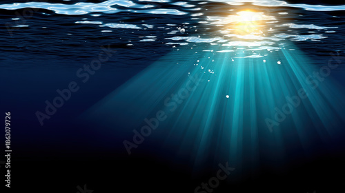 Underwater abstrack background sunlight ray ocean surface deep sea water blue marine nature aquatic light beam serene depth