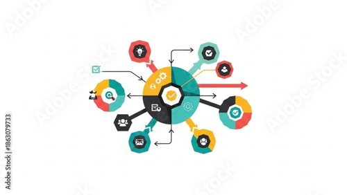 Abstract infographic diagram with connected nodes representing data analysis and business strategy flat vector illustration for presentations