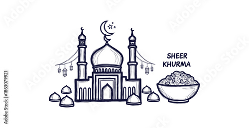 Traditional Sheer Khurma Dessert Doodle Vector Mosque Islamic Holiday Festival Greeting