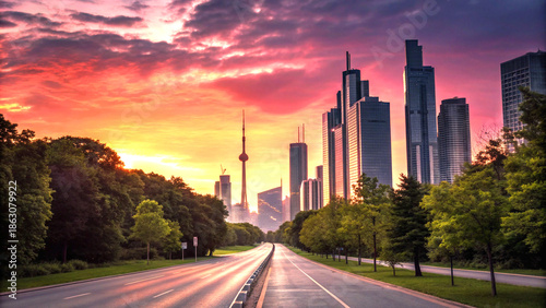 Dramatic city skyline with sunset hues and cinematic roadway