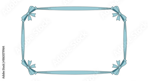 Rectangular frame made of light blue ribbon with a decorative bow tied at each of the four corners on a white background for delicate designs.
