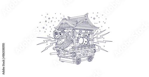 Traditional Japanese Festival Float Vector Illustration Shishi Lion Dog Taiko Drummer Outline Art