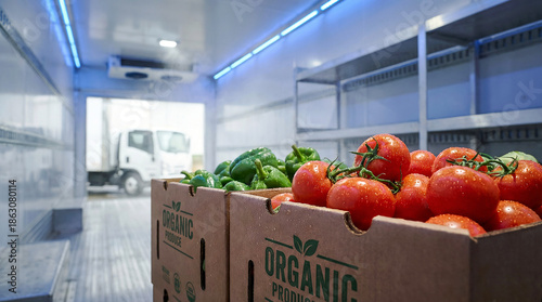 Food supply chain background. Close-up of organic produce crates in a reefer unit