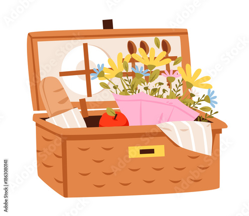 Open picnic basket filled with flowers, bread, apple, and utensils, creating a warm and inviting outdoor picnic vibe. Flat vector illustration.