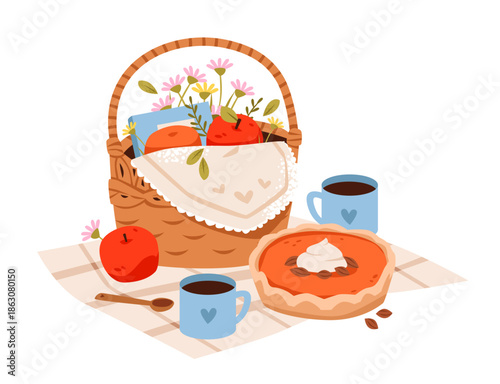 Cozy Autumn Picnic Basket with Pie and Coffee. Basket of flowers, apples, and a blanket for a comforting outdoor moment.