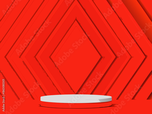 Abstract red geometric background with a white cylindrical platform display