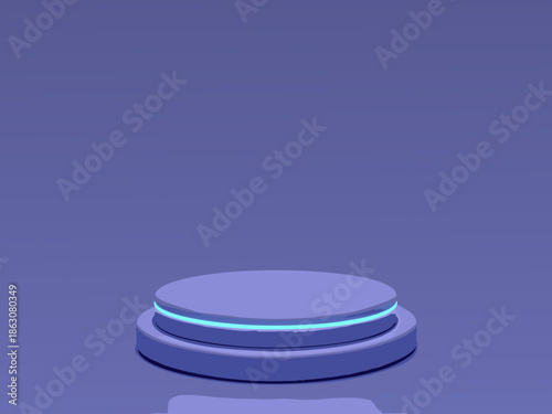 A minimalist circular platform display on a dark blue reflective surface