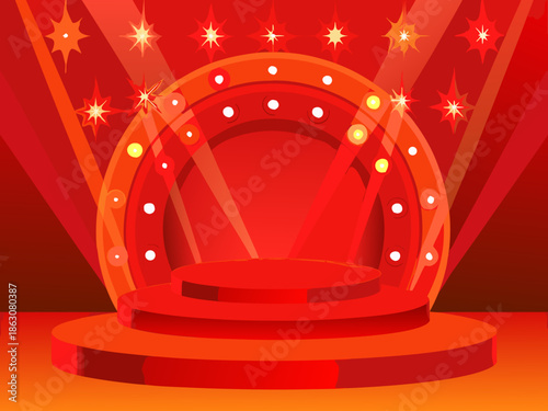 A vibrant red stage with spotlight effects ready for a performance