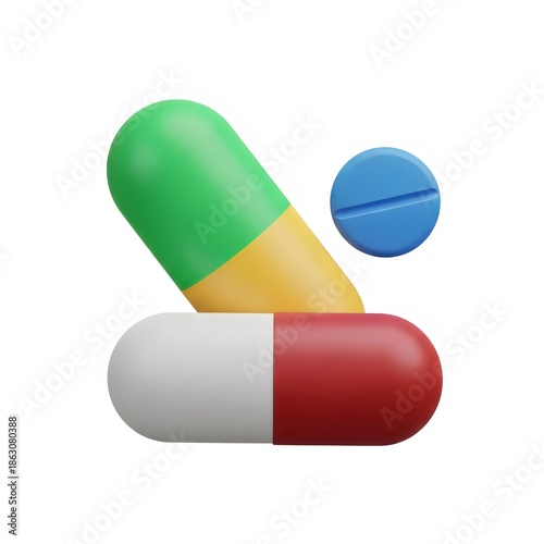 Colorful 3D rendered illustration of assorted medical pills and capsules, symbolizing healthcare and treatment.