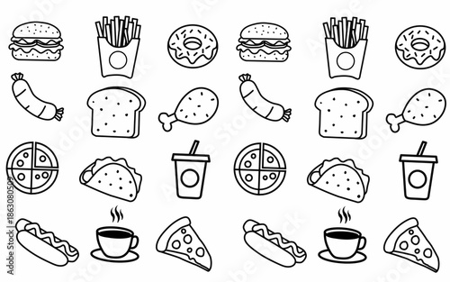 Seamless pattern background Food and ingredient kids hand drawing set illustration isolated on white background