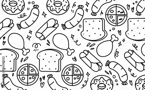 Seamless pattern background Food and ingredient kids hand drawing set illustration isolated on white background