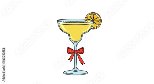 Yellow cocktail in a margarita glass garnished with a slice of orange and a red bow tied around the stem, against a white background for menus.