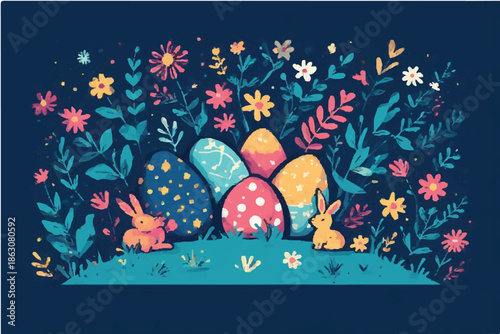 Cute Easter Eggs and Bunnies in Floral Spring Garden Illustration Background