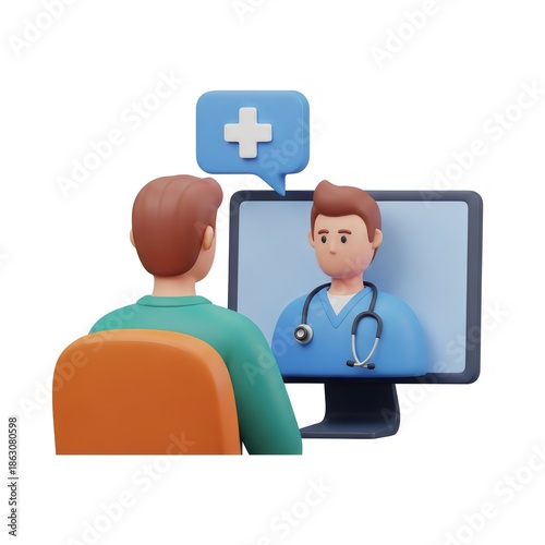 Online medical consultation with doctor and patient, virtual healthcare service via computer screen, 3D illustration.