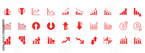 Collection of red stock market and financial chart icons in various shapes