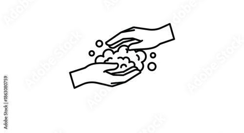 Black and white line art illustration of two hands being washed with soap suds and bubbles, promoting hygiene and health for public awareness.