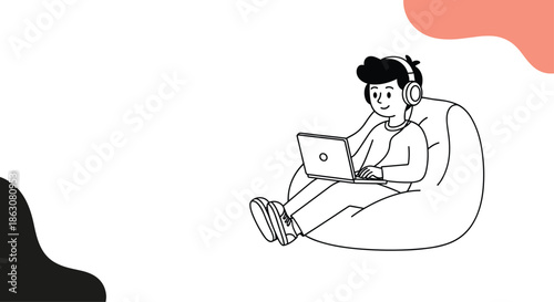 Young boy wearing headphones and using a laptop while sitting comfortably in a large bean bag chair illustration.