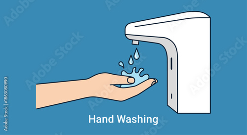 Illustration of an automatic soap dispenser discharging blue liquid onto a human hand to promote proper hand washing.