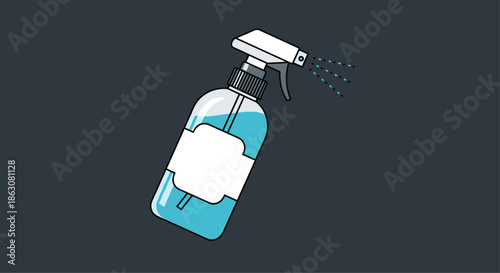 Blue cleaning spray bottle tilted to the side while dispensing a fine mist of liquid against a dark gray background.