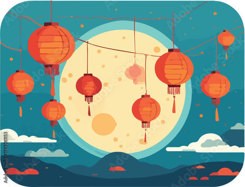 Colorful Lantern Festival Illustration with Full Moon Night Sky for Cultural Celebration