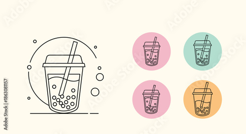 Modern bubble tea or boba icon set featuring line art versions and colorful circular background variants for menus.