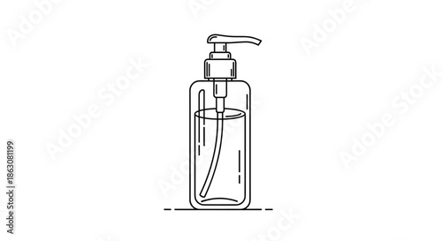 Elegant soap or lotion dispenser bottle with a pump mechanism shown in a clean black and white line art illustration.