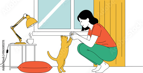 Young woman crouching and playing with her orange cat in a cozy room with desk lamp and cushion flat vector illustration.