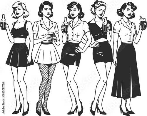 Five retro women holding drinks bottles
