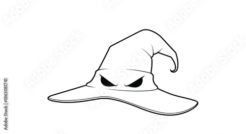 Simple black and white outline illustration of a wizard or witch hat featuring a pair of angry expressive eyes.