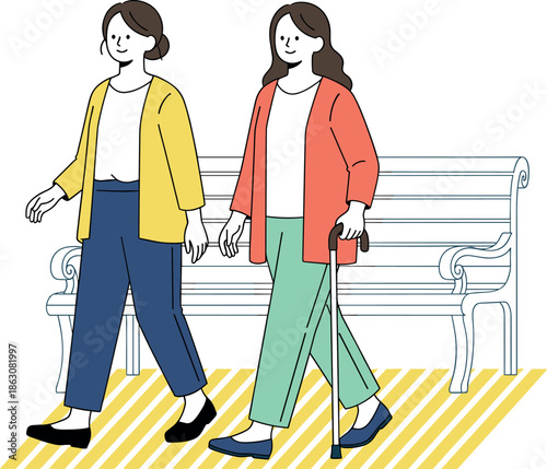 Young woman walking with an elderly woman using a walking cane in front of a park bench flat vector illustration isolated on white background.