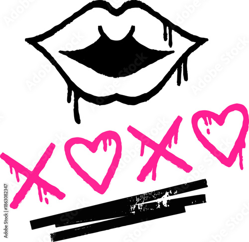 XOXO hand written phrase and lipstick kiss. Grunge graffiti kiss lips. Graffiti XOXO sign. Kiss sign.