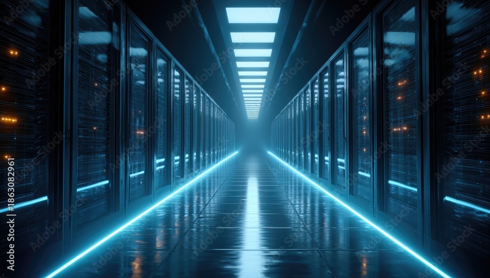 Fototapeta premium Futuristic server room with glowing blue lights and reflections. Perspective down a long corridor
