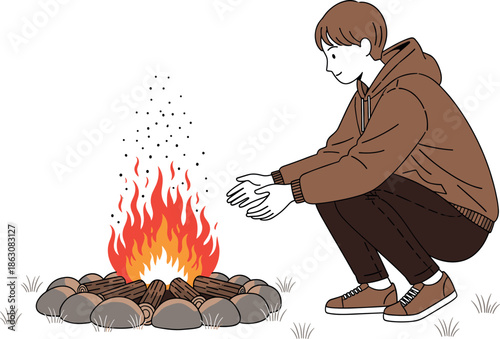 Young man in hoodie squatting and warming his hands by a glowing outdoor campfire flat vector illustration isolated on white background for camping concept.