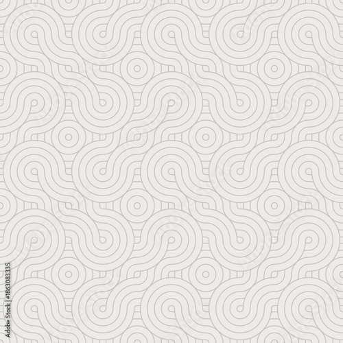 Seamless abstract wavy line swirl pattern with subtle circular dot details in light beige tones creating soft repeating background for surface design, wallpaper, stationery, textile