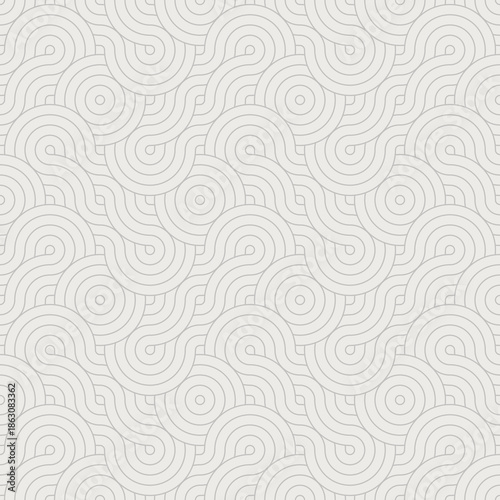 Seamless abstract wavy line swirl pattern with subtle circular dot details in light beige tones creating soft repeating background for surface design, wallpaper, stationery, textile