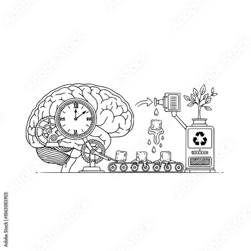 Brain Controlling Recycling Factory with Clock and Conveyor Belt with control and mind and industrial in machinery gears for cogwheels