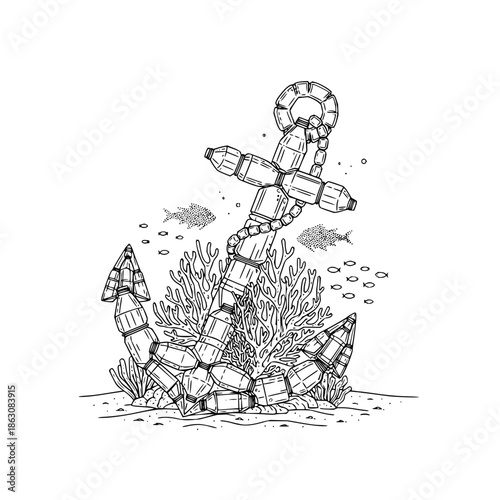 Robotic Anchor Underwater with Fish and Coral Reef in Black and White with illustration and line art and metallic robot in seaweed ocean floor for futuristic